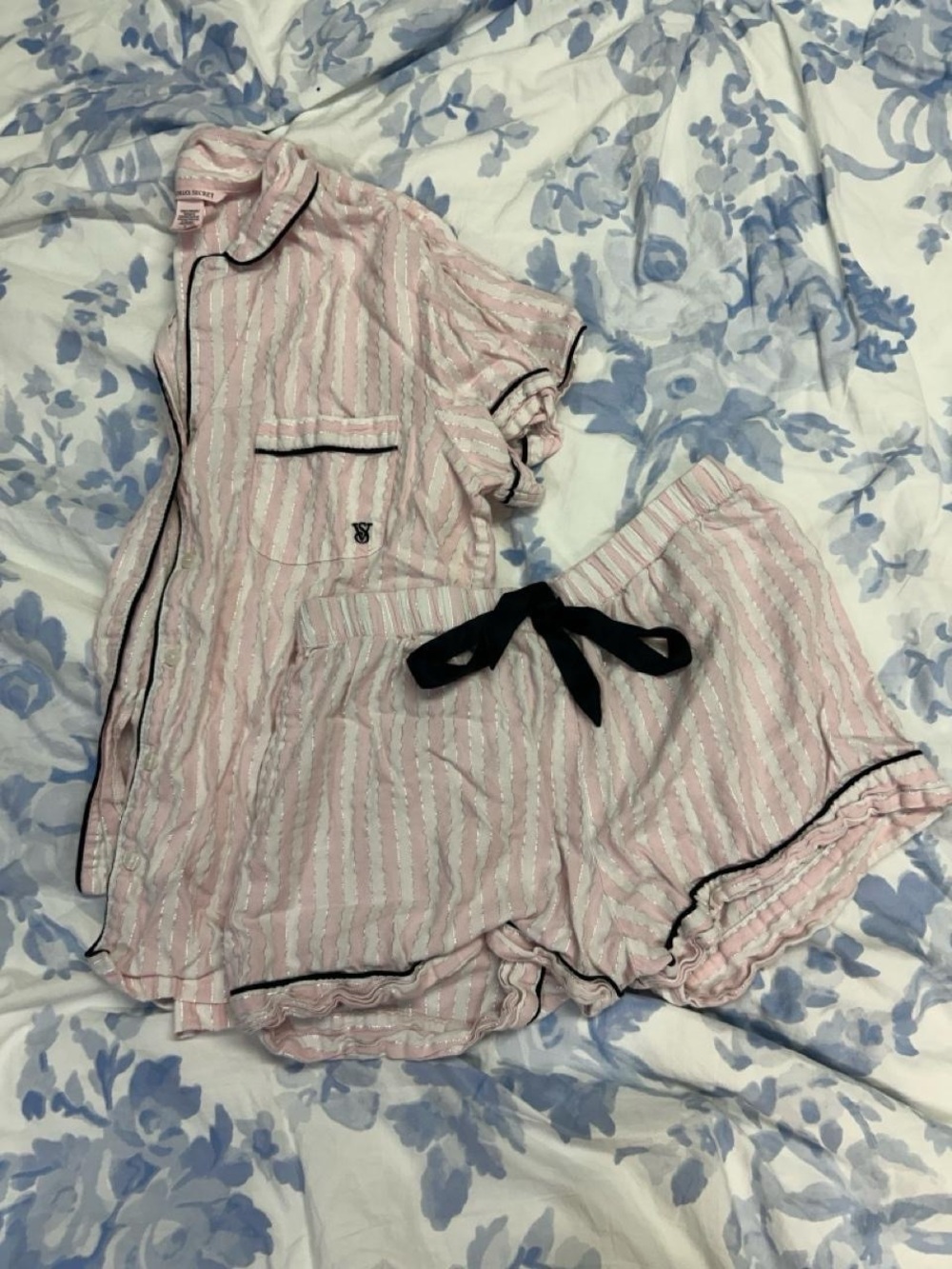 Women's Pink Striped Short Pajama Set with Black Trim
